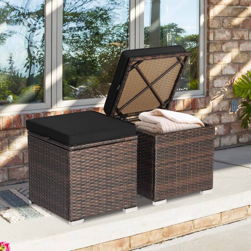 Costway 2PCS Patio Rattan Ottomans Seat Side Table Storage Box - See Details