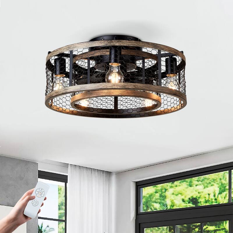 Anmytek 20'' Quiet Cage Ceiling Fan with Light & Remote - Chandelier and ceiling fan 2 in 1 - Matte Black