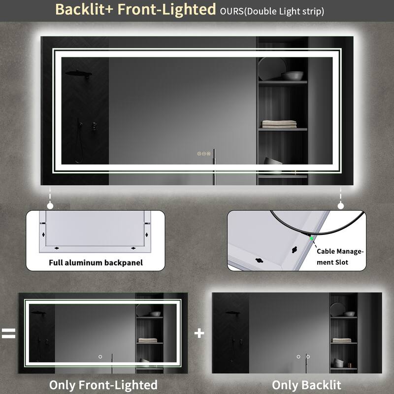 LED Lighted Bathroom Mirror Backlit Makeup Wall Mounted with Defogger - 60"x31"