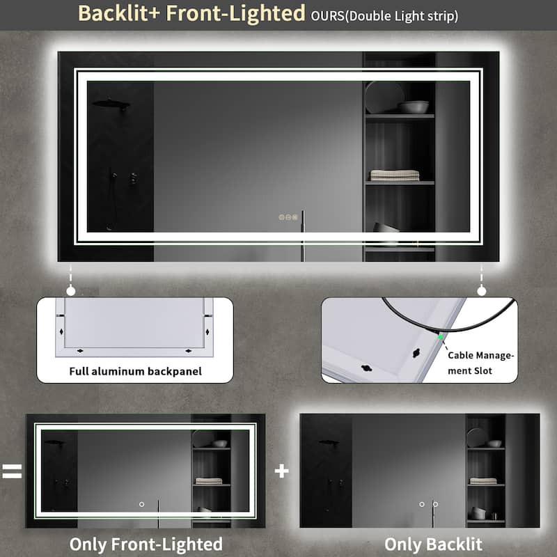 Rectangle Led Backlit Bathroom Wall Mirror with 3 Lights Demister Touch Sensor - 34.9x23.6''