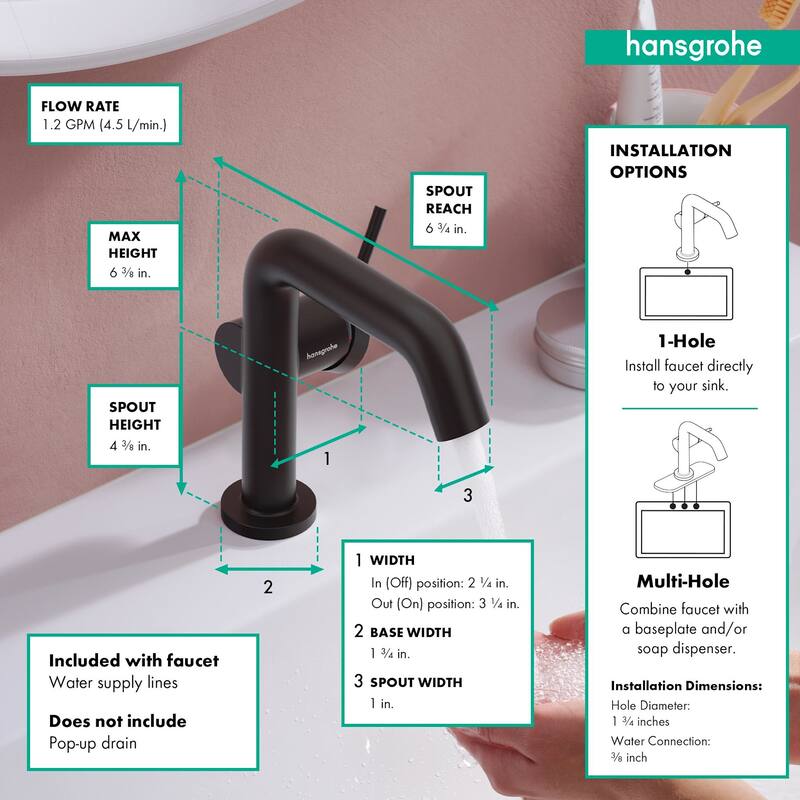 Hansgrohe 73321 Tecturis S 1.2 GPM Single Hole Bathroom Faucet with