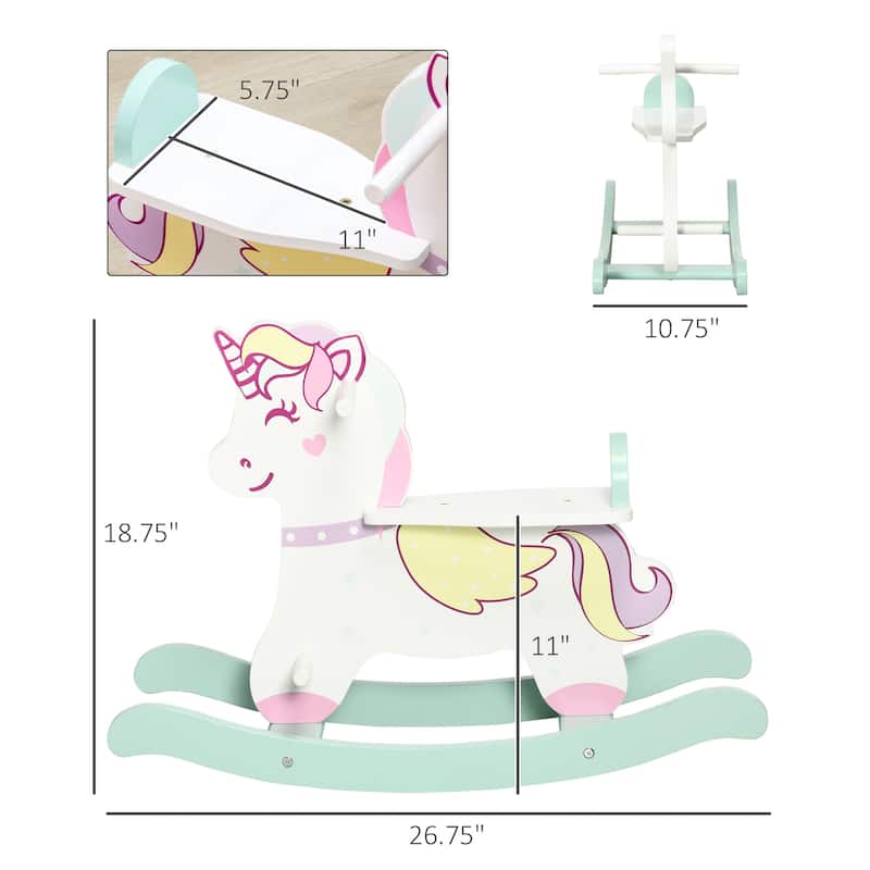 Qaba Wooden Rocking Horse Toddler Rocker Ride On Unicorn for 1-3 Years Old Baby Toy Girl and Boy Gift
