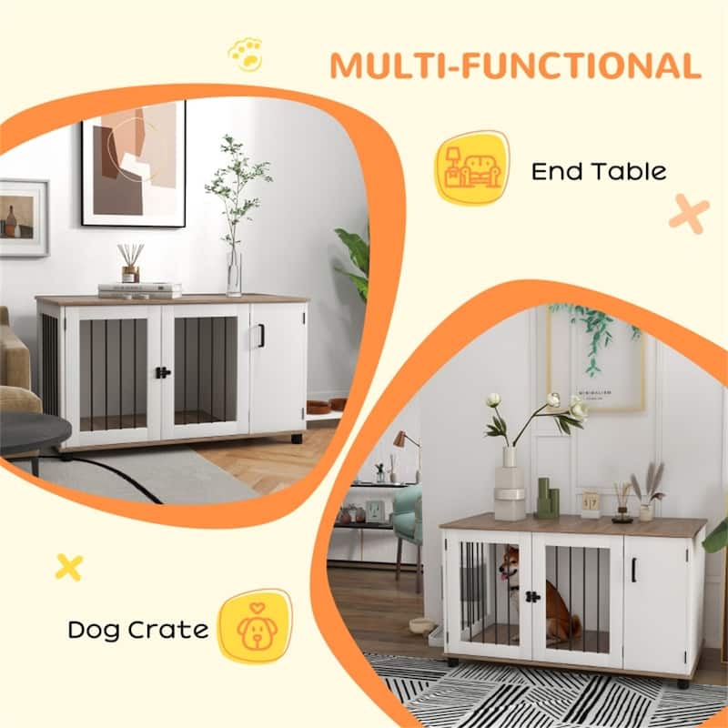 Walnut and White Dog Crate Side Table with Double Doors Adjustable Feet and Storage Cabinet