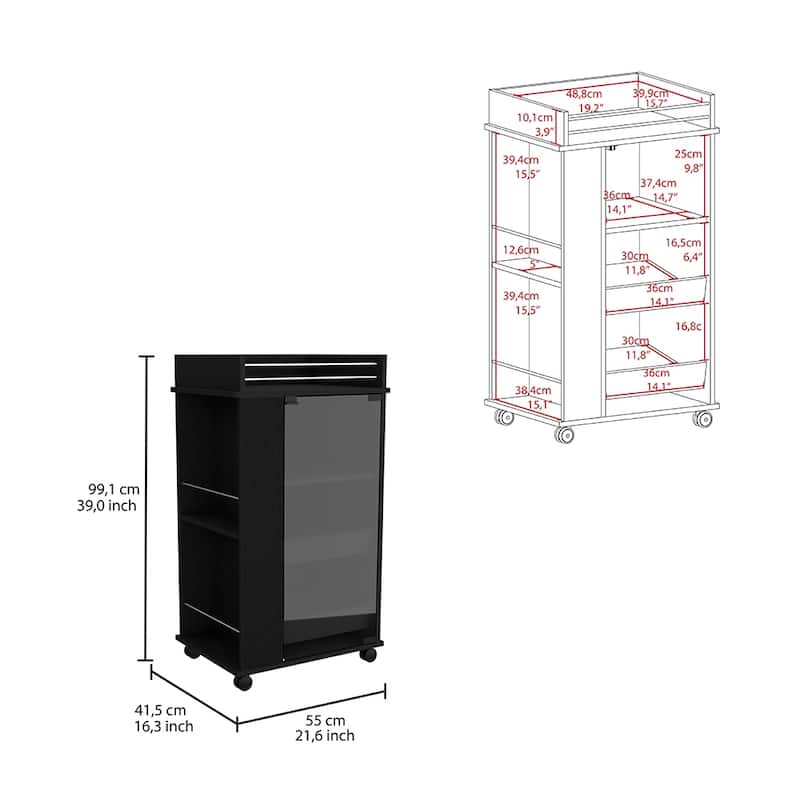 Baltimore Bar Cart with Casters, Glass Door and 2-Side Shelf