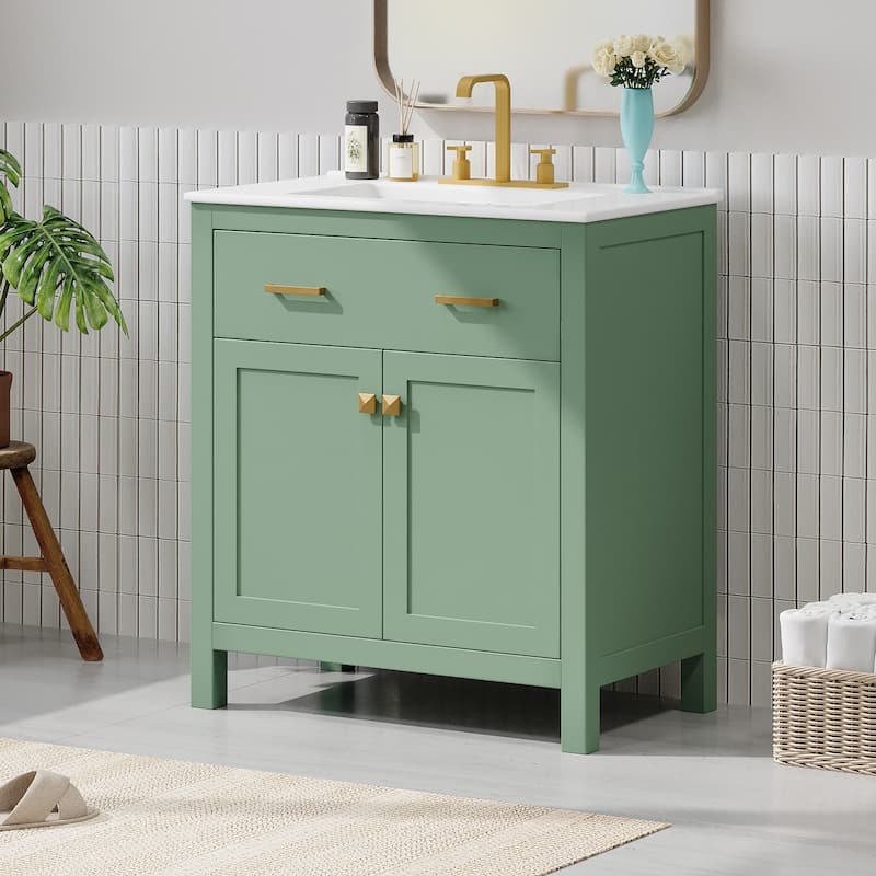 30" Bathroom Vanity with Ceramic Sink, Modern White Single Bathroom Cabinet with 2 Doors and a Shelf, Soft Close Doors