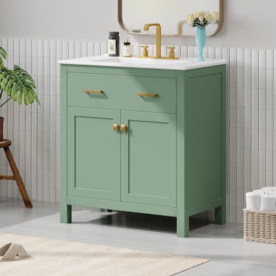30-inch Bathroom Vanity with Ceramic Sink, Modern Green Single Bathroom Cabinet with 2 Doors and a Shelf, Soft Close Doors
