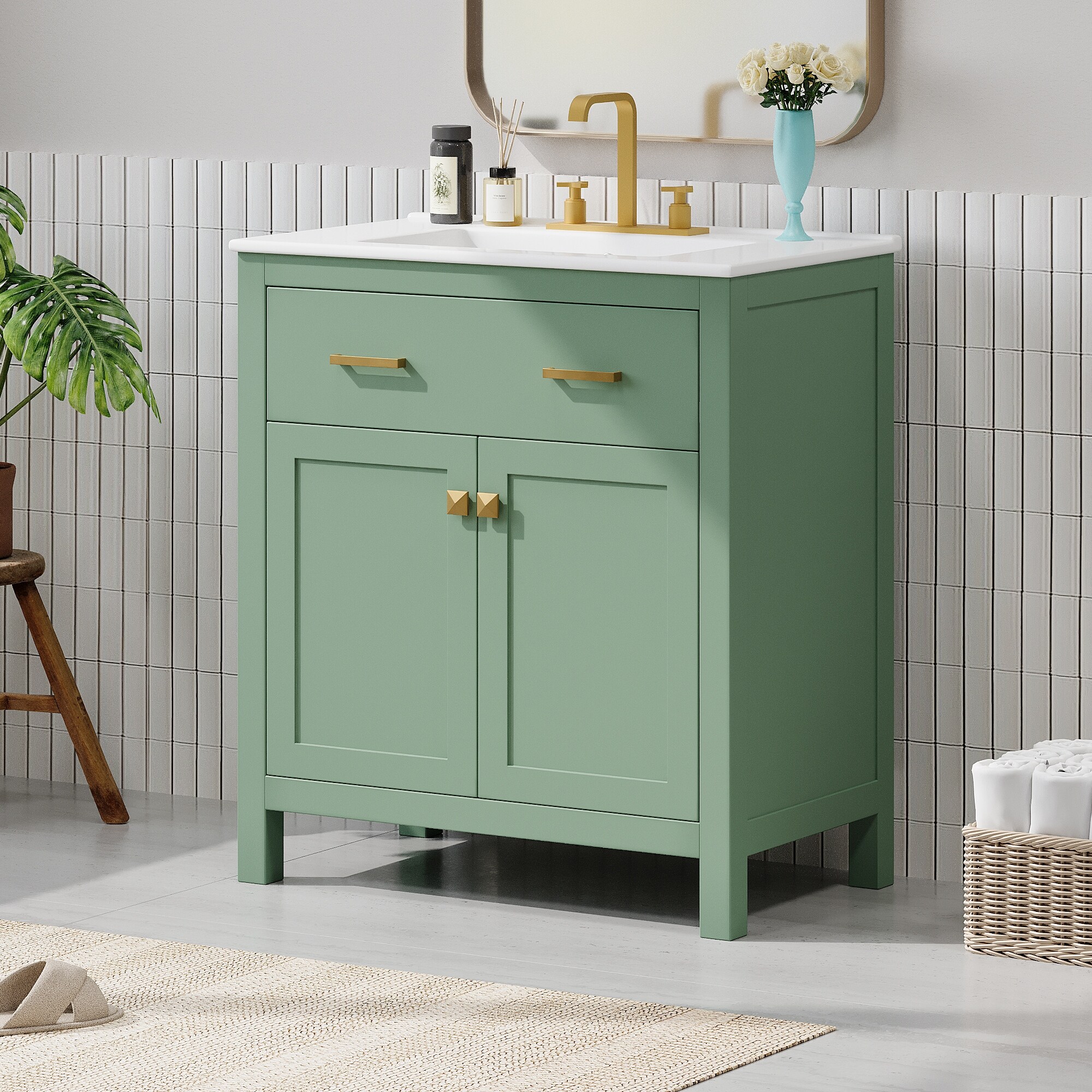 30-inch Bathroom Vanity with Ceramic Sink, Modern Single