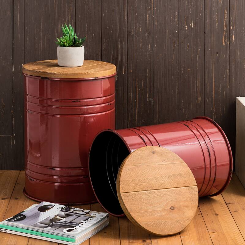 Glitzhome Industrial Farmhouse Round Storage Side Tables (Set of 2) - Red