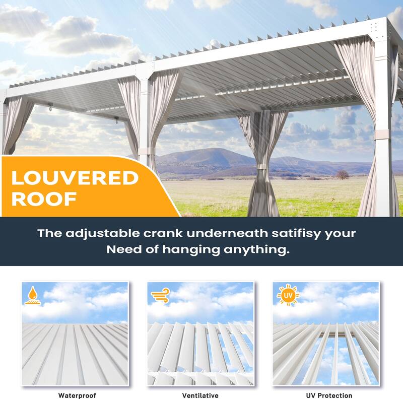 EROMMY Outdoor Louvered Pergola Gazebo with Adjustable Aluminum Rainproof Roof