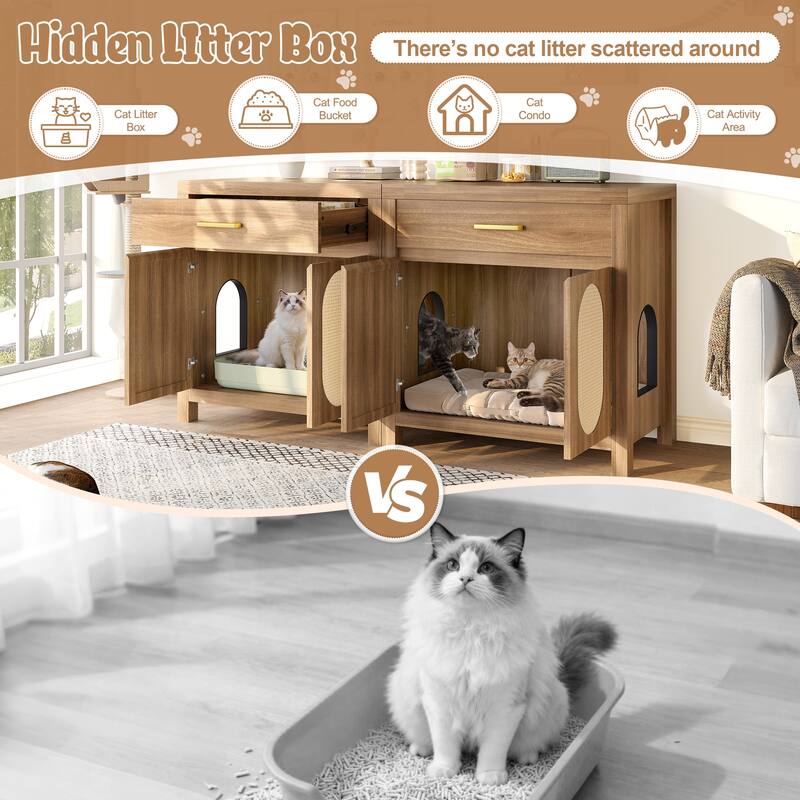 Cat Litter Box Enclosure, Hidden Cat Litter Box Furniture with Scratching Board Doors and Storage Drawer