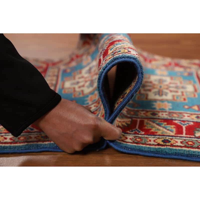 Geometric Kazak Oriental Foyer Rug Handmade Blue Wool Carpet - 2'0"x 3'0"