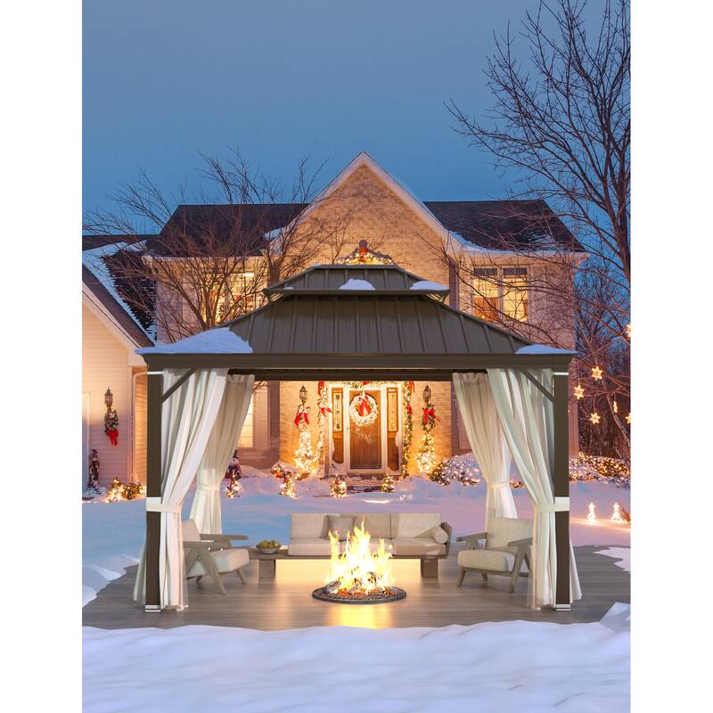EROMMY Hardtop Gazebo W/Steel Double Roof, Anti-Rust Coating Aluminum Frame Permanent, Hard Top Gazebo for Garden Lawn Parties