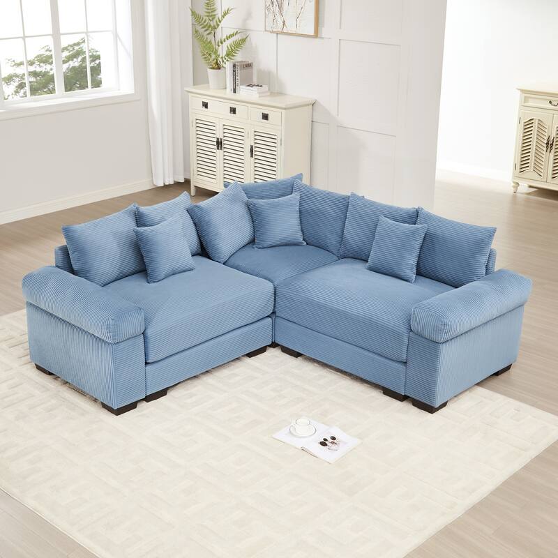 3-Seat Convertible Cloud Corduroy Modular Sofa with 10 Throw Pillows - Blue