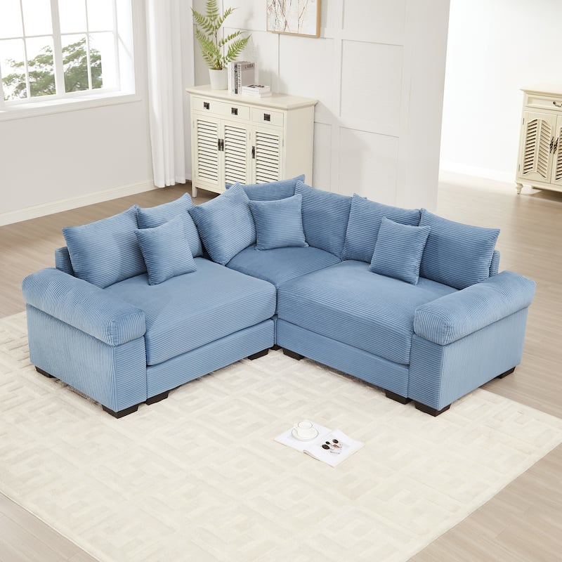 GDFStudio - Corduroy L-Shaped 3-Seater 79.1" Cloud Modular Sectional Couch - Blue