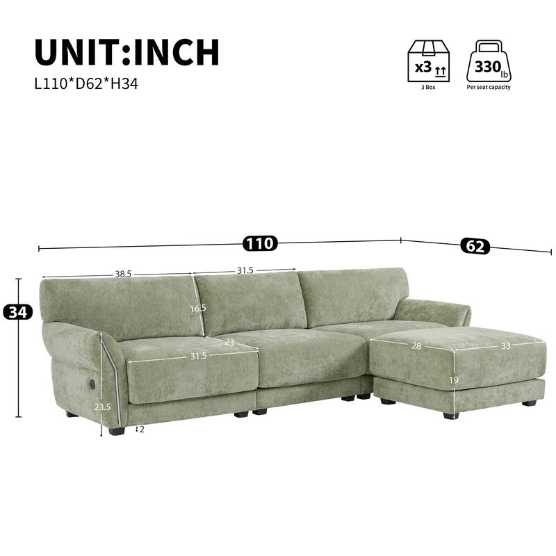 110" Modular Sectional Sofa, L-Shape, Green Chenille, with Charging Ports, Petal Armrests, Free Movement Ottoman
