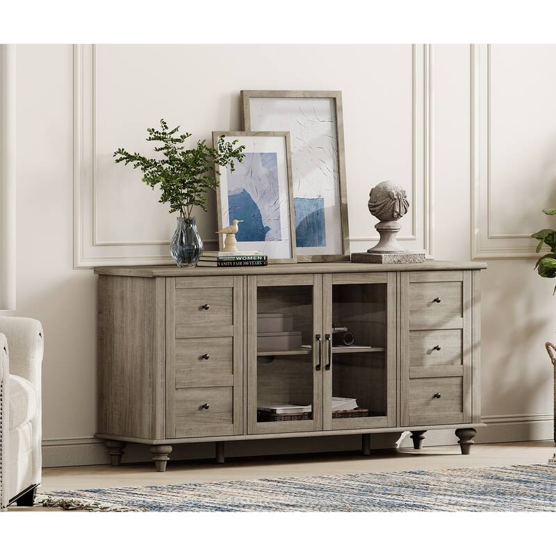 Farmhouse TV Stand for 65 Inch TV, Wood Console Table with Glass Door