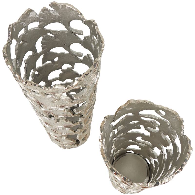 Silver Aluminum Metal Decorative Vase with Ginkgo Leaf Design (Set of 2)