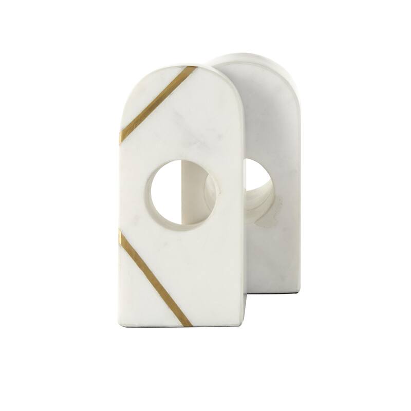 Marble Geometric Curved Pyramid Decorative Bookends with Diagonal Gold Stripes - Set of 2 White - Roche River Decor