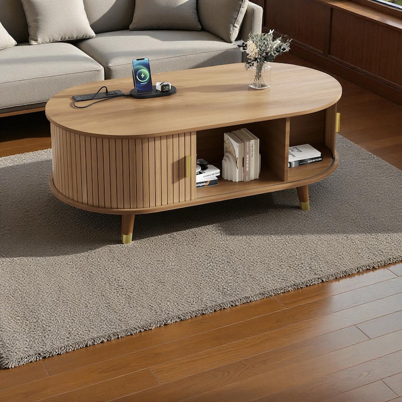42.5'' Oval Fluted Coffee Table with Charging Station, Mid-Century Tambour Door Center Table with Solid Wood Legs