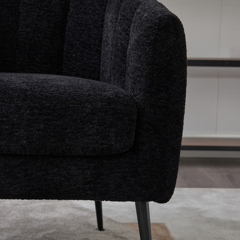 Chenille Upholstered Barrel Accent Chair, Channel Tufted Lounge Armchair, Round Reading Chair with Curved Backrest & Metal Legs