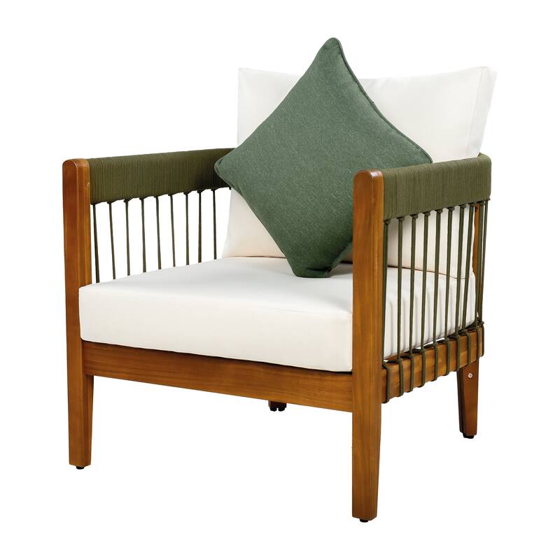 3 Pcs Set Acacia Wood Outdoor Club Chair with Handwoven Rope Accents & Curved Backres -Water-Resistant,Removable Cushions