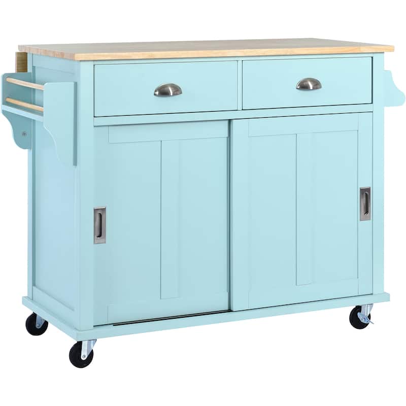 Rolling Kitchen Cart Drop-Leaf Kitchen lsland with Sliding Barn Door