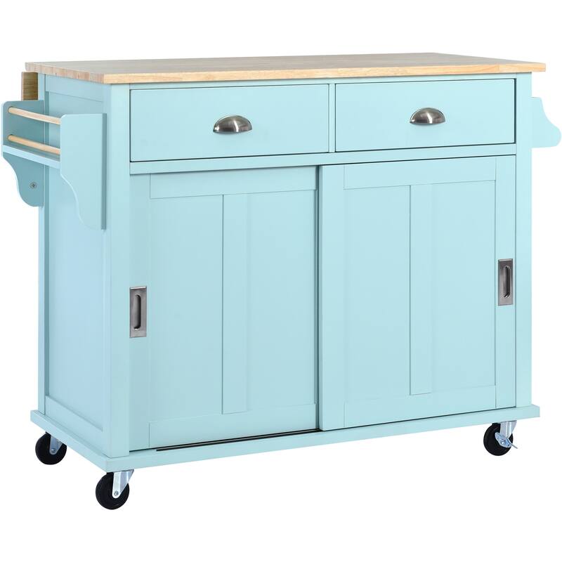 Rolling Kitchen Island with Drop-Leaf Countertop, Adjustable Shelves, 2 Drawers & Sliding Barn Door - Mint Green