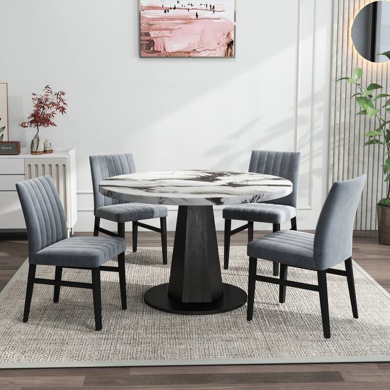 Roundhill Furniture Cavira 5-Piece Round Modern Dining Set - Off-White Table + 4 Gray Chairs