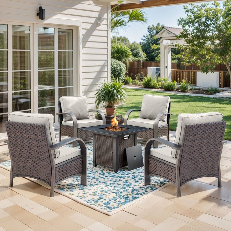 Propane Fire Pit with Outdoor Patio Funiture Set - Brown Rattan - Beige Cushion - 4 Patio Chair with Fire Table