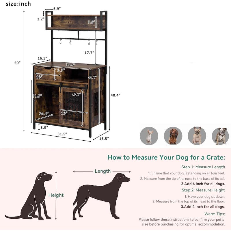 Rustic 2-in-1 Dog Crate & Side Cabinet Organizer: Hutch-Style Kitchen Storage with Kennel, Cupboard, and Drawers‌