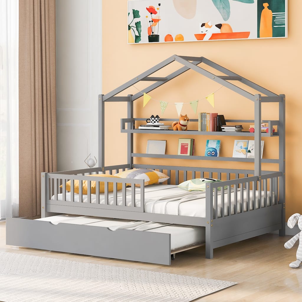 Kids Full House Bed with Twin Trundle and Built-In Storage Shelves, Wooden Bed with Roof Design