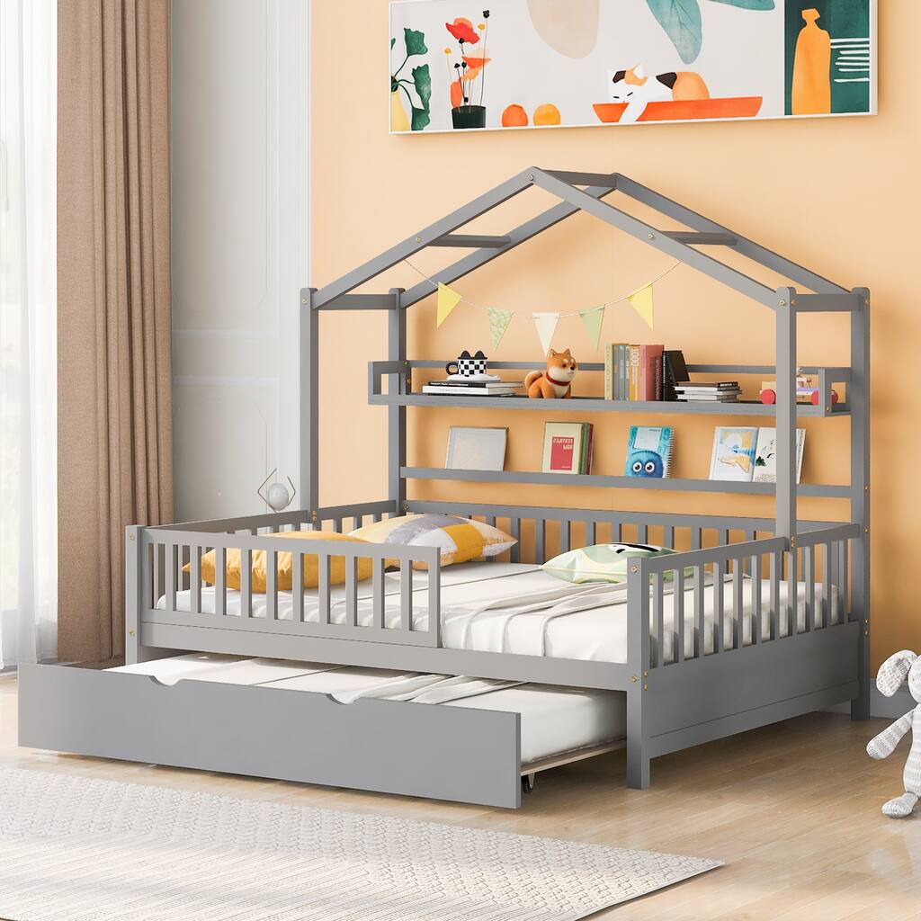 Wooden Full House Bed with Twin Trundle and Storage Shelves, Sturdy Pine Frame