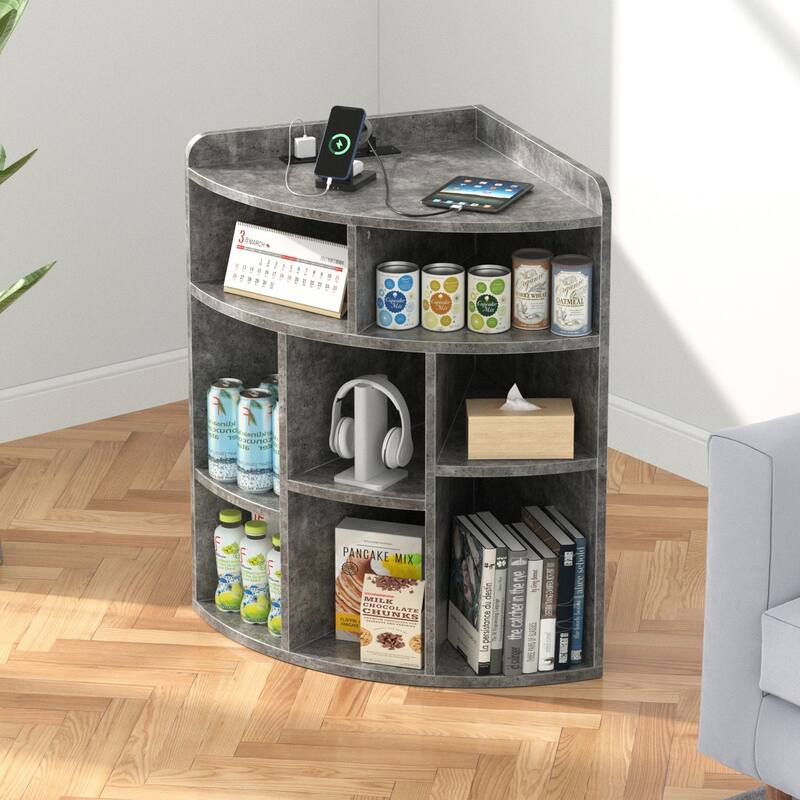 VECELO 4-Tier Adjustable Corner Bookshelf with Charging Station 3 AC Outlets & 2 USB Ports Waterproof Eco-Friendly Design
