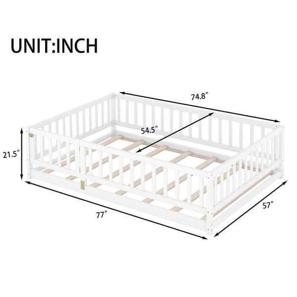 dimension image slide 2 of 8, Montessori Floor Bed with Fence Guardrail and Removable Door Toddler Floor Wood Bed Frame for Kids Boys Girls Children's Room