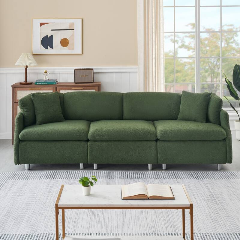 3-Seat Velvet Sofa with Teddy Fabric and Throw Pillows for Cozy Spaces - Green