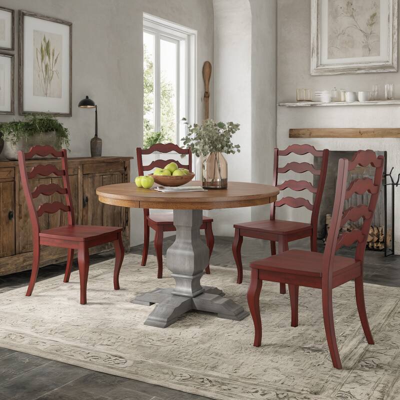 Ronda 45" Round Solid Wood Top Dining Set with French Ladder Back Chairs - Antique Grey Table - Berry Red Chairs