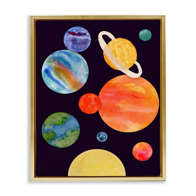 Stupell Watercolor Planets on Black Framed Floater Canvas Wall Art Design By Corinne Rose Designs - 17 x 21 - Gold