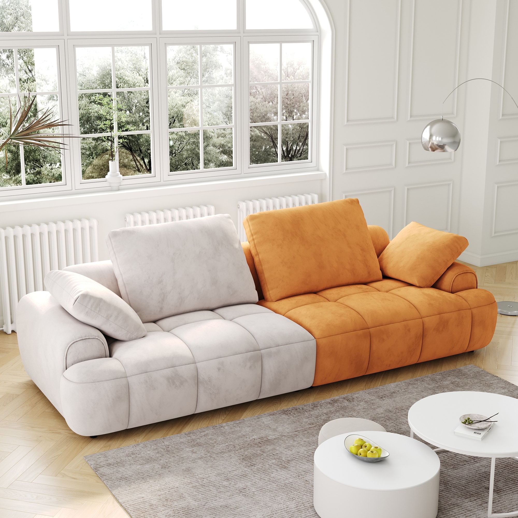 Large size two Seat Sofa Modern Upholstered Beige paired with yellow suede fabric
