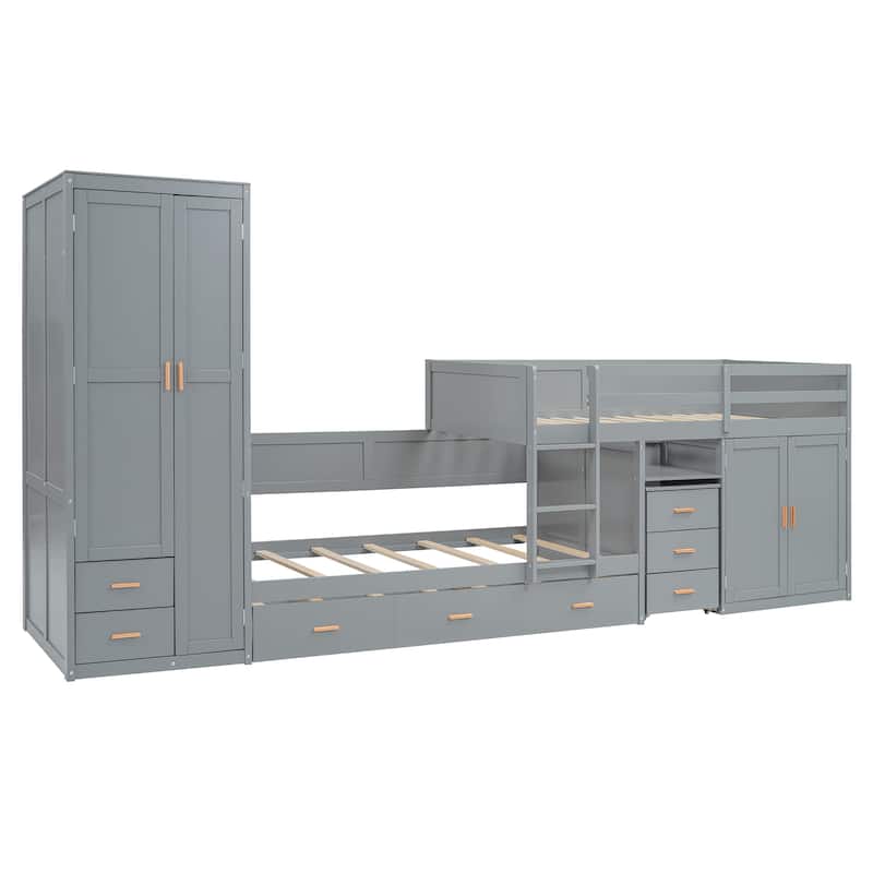 Twin Wooden Bunk Bed with Trundle, Cabinet, Wardrobe, Desk and Drawers, White