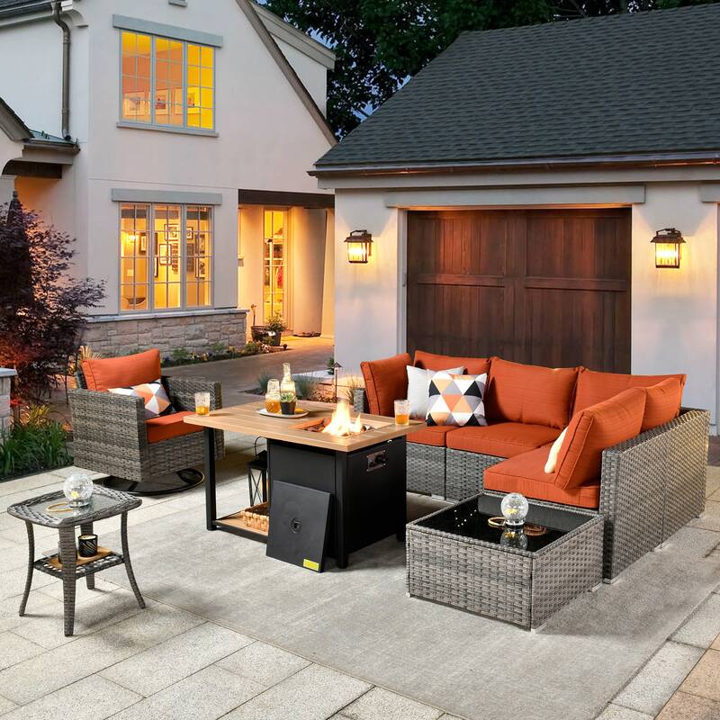 XIZZI 8-piece Outdoor Patio Furniture Sectional Set with Fire Pit Table - Red/Orange