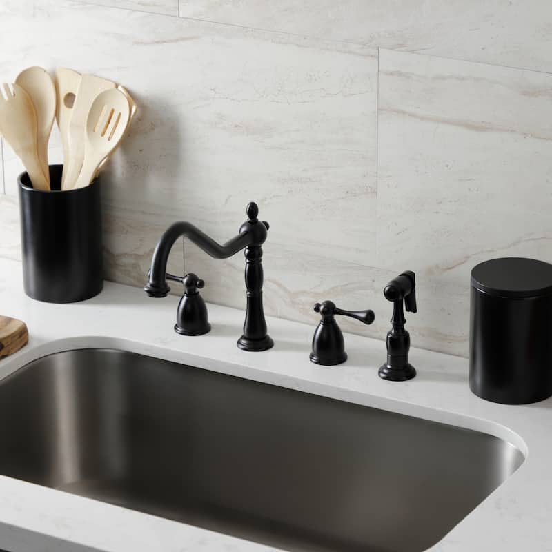 Heritage Deck Mount Widespread Kitchen Faucet with Brass Sprayer