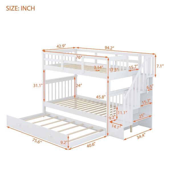 dimension image slide 2 of 3, Twin Over Twin Bunk Bed with Twin Size Trundle, Stairs, and Shelves