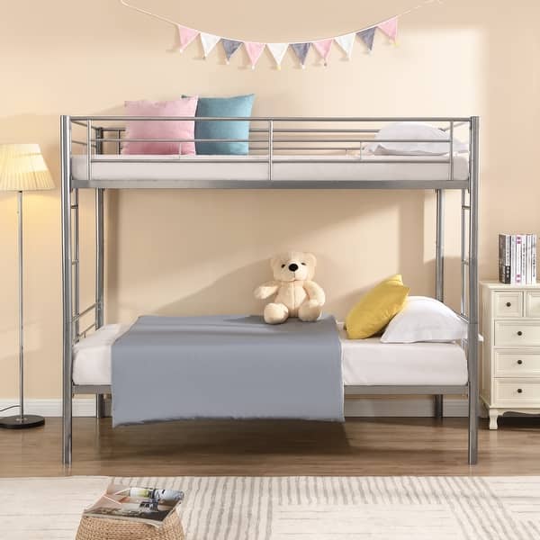 slide 2 of 8, Artsy Twin over Twin Metal Bunk Bed with 2 Stairs, Space-saving, Silver Silver