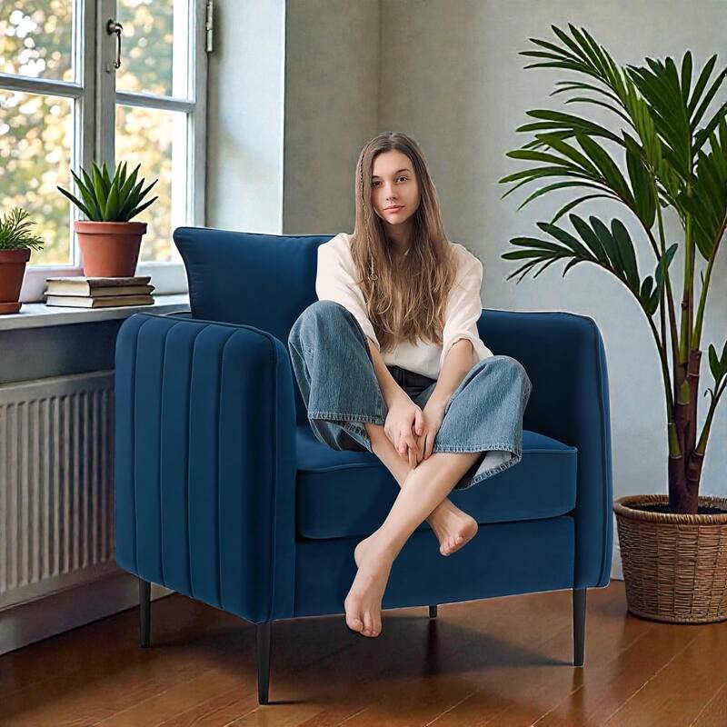 Velvet Accent Chair for Living Room, Mid Century Modern Single Sofa Chair with Pillow and Metal Legs