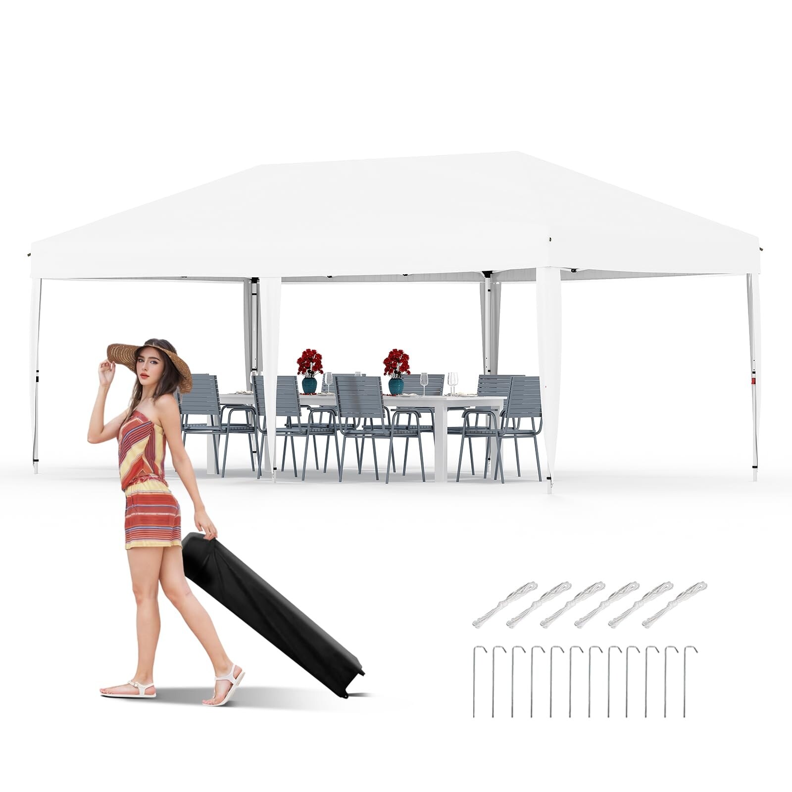 Garvee 10x20 ft Pop Up Canopy - Easy Up Camping Tent with Roller Bag,One Button Push Setup