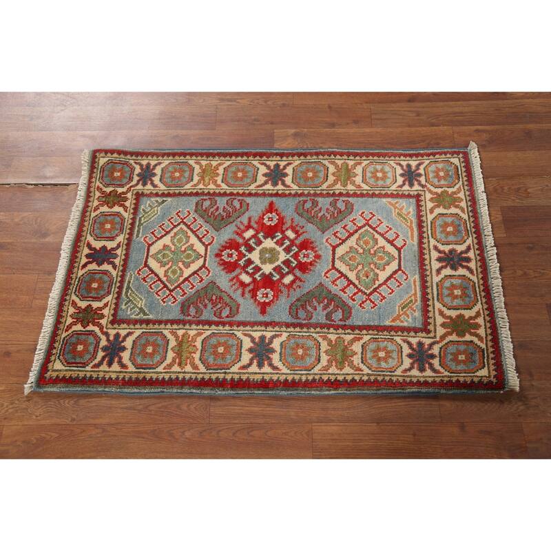 Light Blue Geometric Kazak Oriental Accent Rug Handmade Wool Carpet - 2'1"x 2'10"