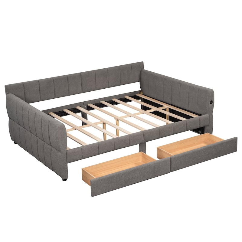 Modern Fabric Upholstered Daybed Queen Size Sofa Bed Frame with Backrest and Armrests, USB Charging Ports, No Box Spring Needed