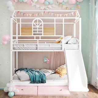Friendly Playhouse Design Twin Over Twin Metal Bunk Bed ,Metal Housebed With Slide,3 Colors Available