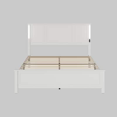 Modern Queen Bed Frame with Wood Headboard, Smart LED Light Bar, Charging Ports & 12 Wooden Slats, No Box Spring