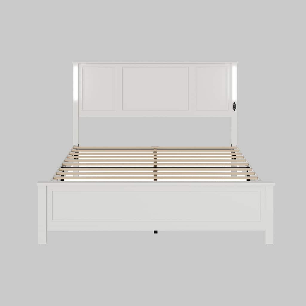Modern Queen Bed Frame with Wood Headboard, Smart LED Light Bar, Charging Ports & 12 Wooden Slats, No Box Spring